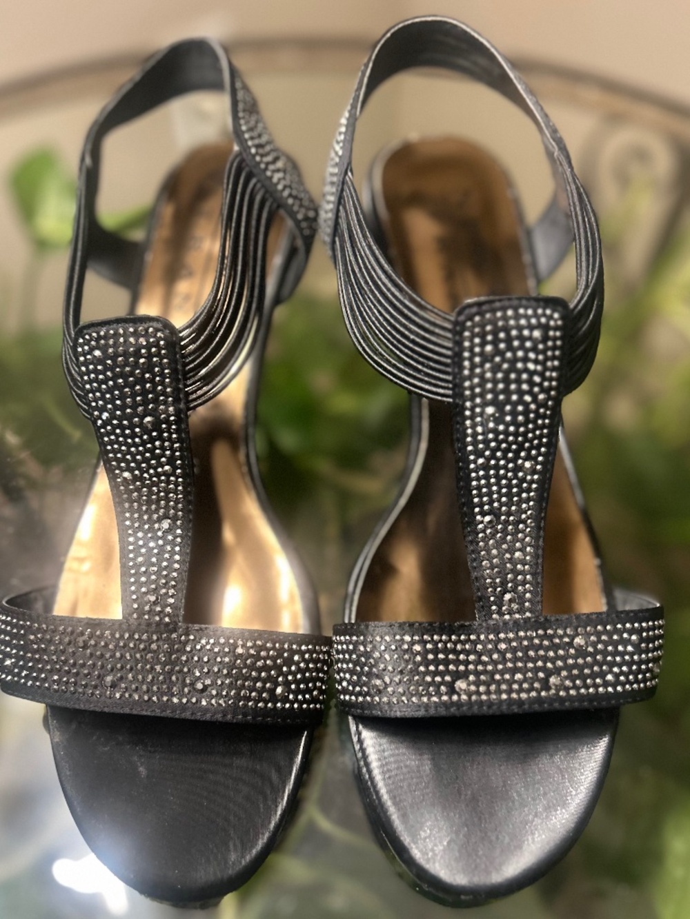 New York Transit Black Rhinestone Strappy Wedge Heels Women’s Size 7